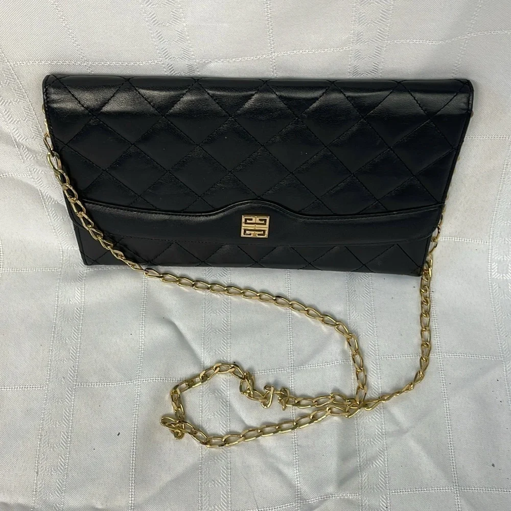 Givenchy Black Quilted Leather Flat Clutch Flap Bag on Chain Small Night Out